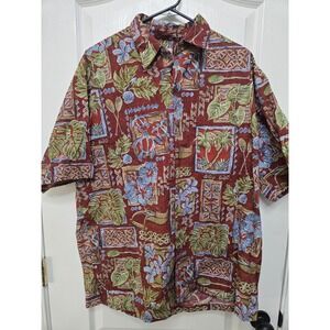 Vintage Hilo Hattie XL Men's Hawaiian Shirt Brick Red Canoe paddles Sea turtles